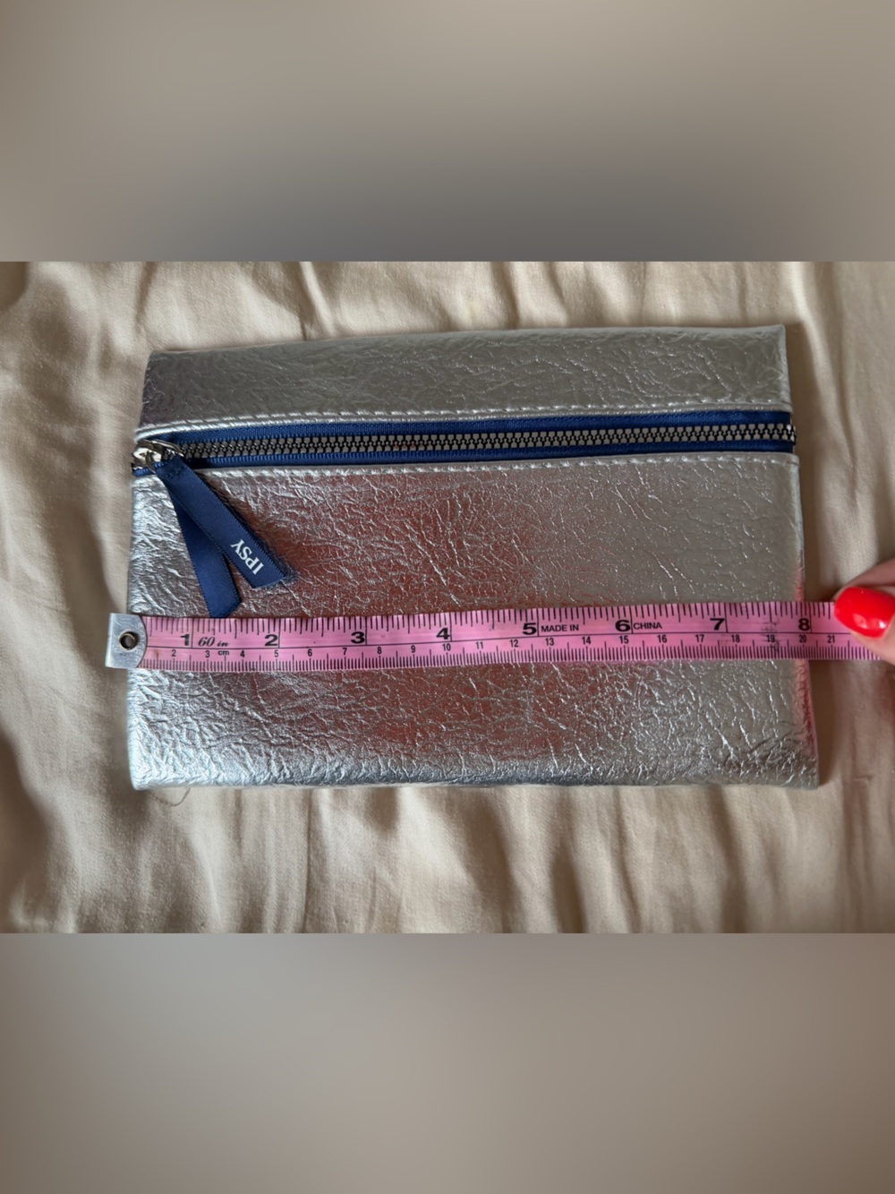 ipsy Metallic Silver Toiletry Pouch with Navy Zipper Pull - Picture 3 of 5